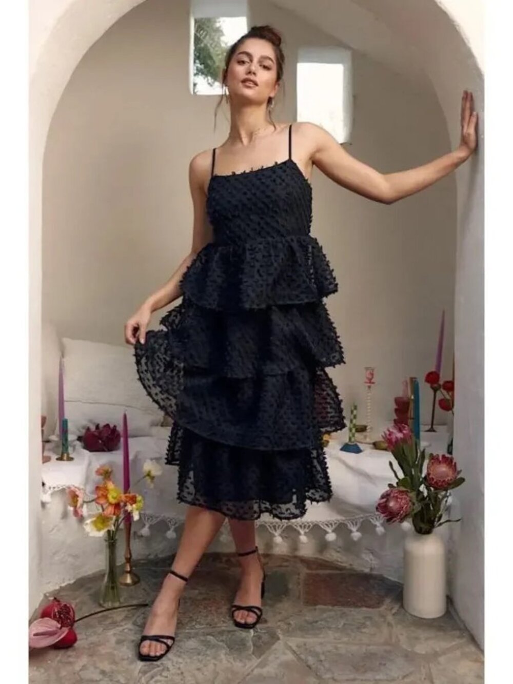 Lulu's Flirting With You Black Pom Pom Tiered Dress M